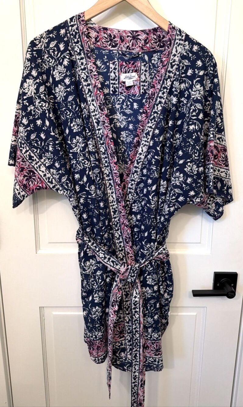 Lucky Brand Womens Bathrobe L / XL Boho Blue Lightweight Belted Kimono Pockets